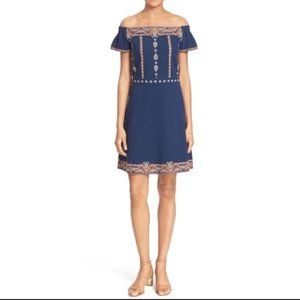 Tory Burch Navy Blue W/ Orange Embroidered Off The Shoulder Dress SZ XS
